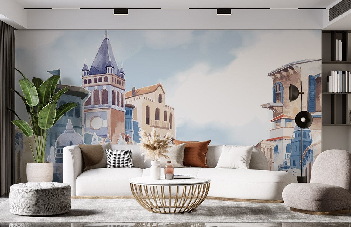 Luxurious living room featuring Watercolour Venetian Skyline Mural Wallpaper, with elegant white sofa, plush rug.