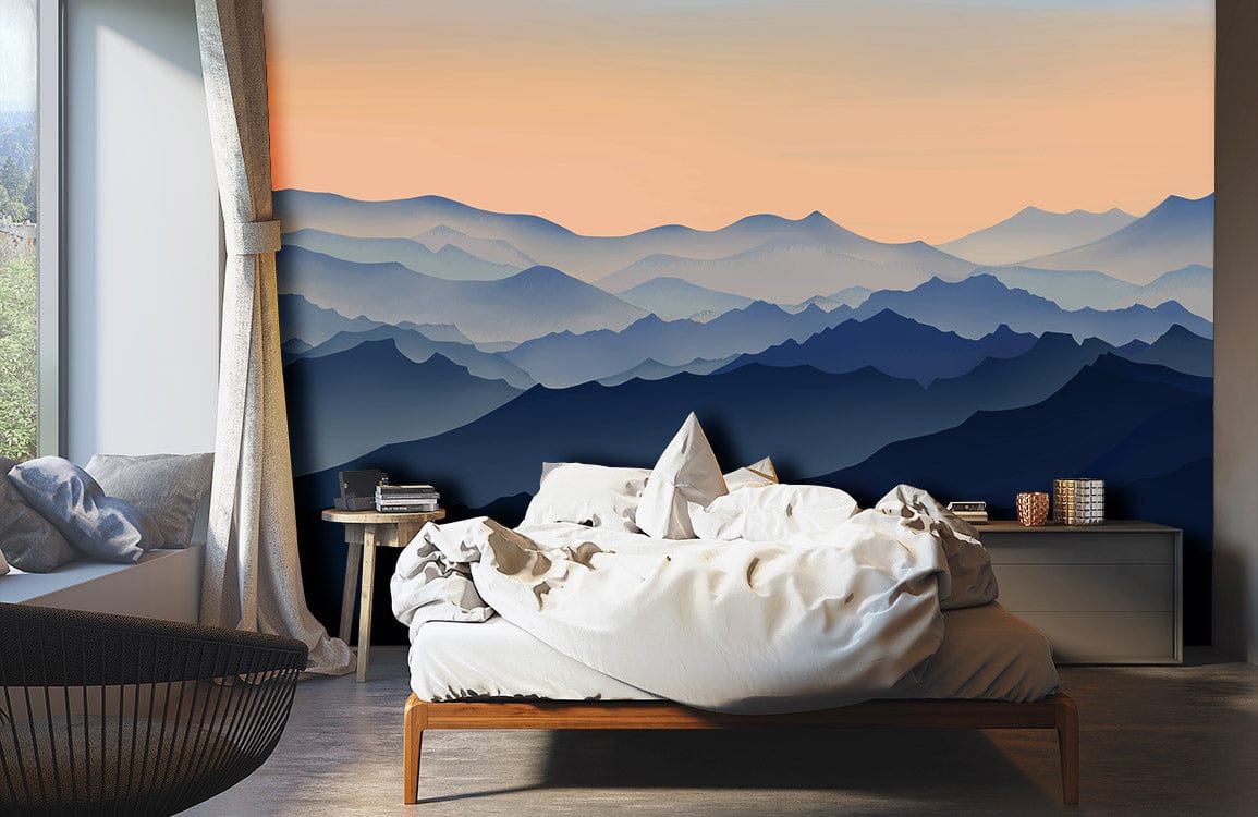 Serene Blue Mountain Range mural wallpaper, featuring bed with white bedding, in a modern bedroom setting.