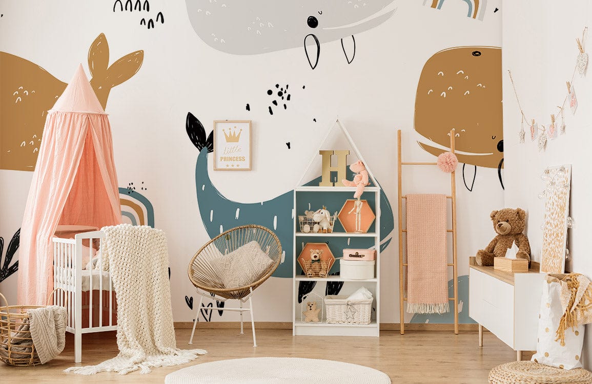 Charming children's room with nautical whale wallpaper in blue and ochre, wooden furniture, playful decor.