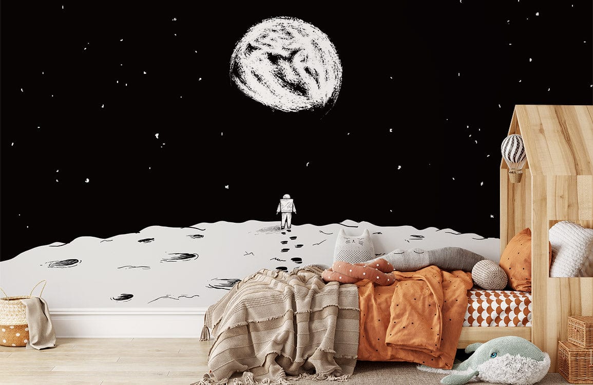 Monochrome space mural wallpaper in bedroom with astronaut, moon, wooden bed, and cosy cushions.