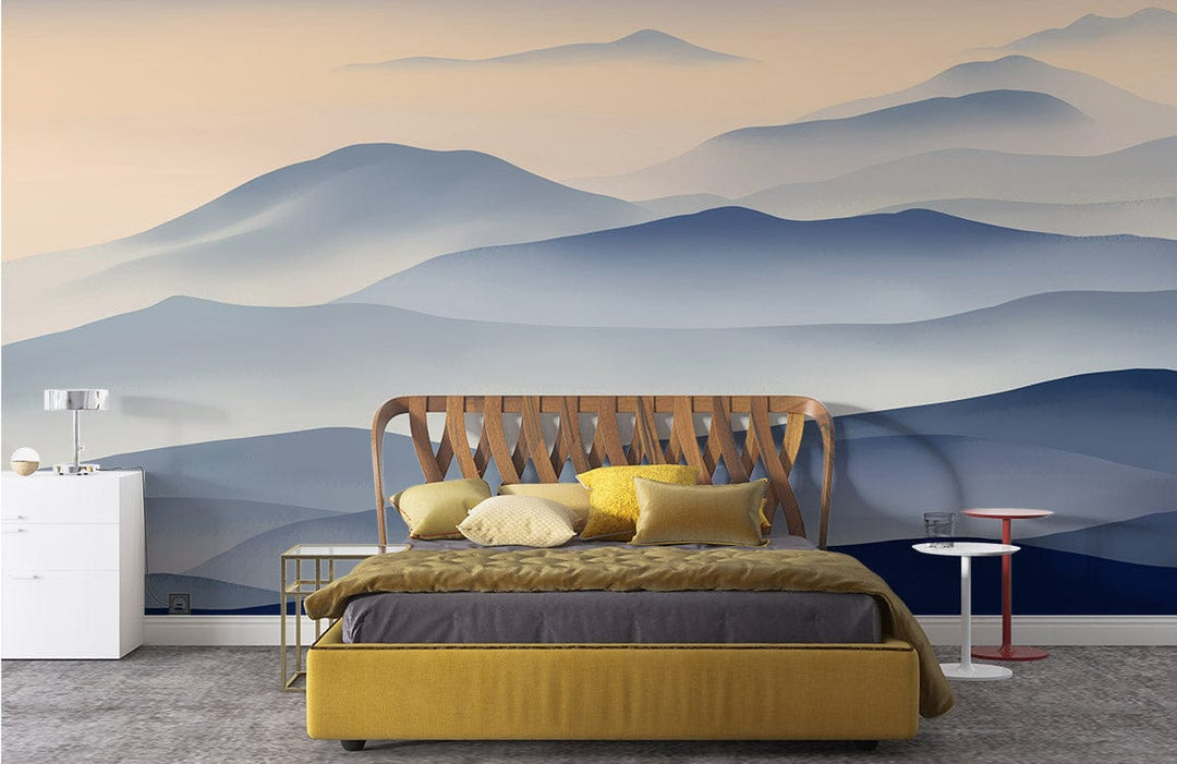 Serene Blue Mountain mural in bedroom with wooden bed, mustard bedding, white drawer, modern Décor.