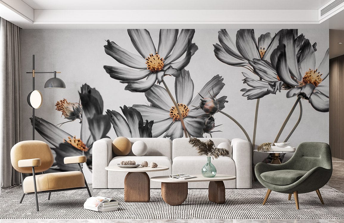 Monochrome floral wall mural in grey and orange, modern living room, neutral sofa, stylish decor.