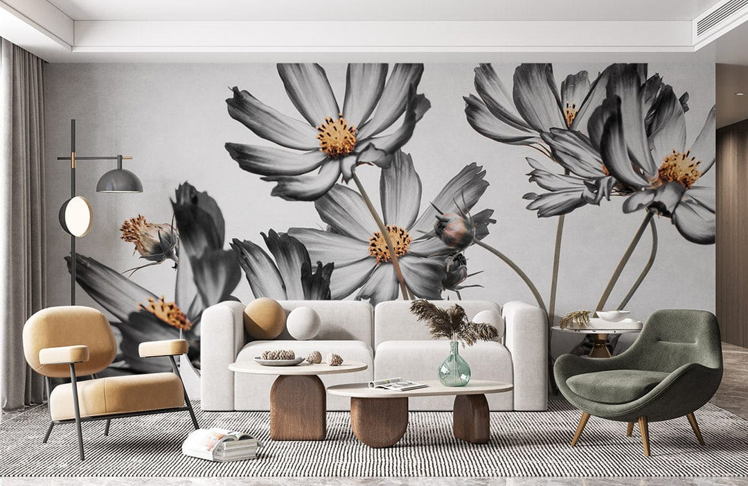 Monochrome floral wall mural in grey and orange, modern living room, neutral sofa, stylish decor.