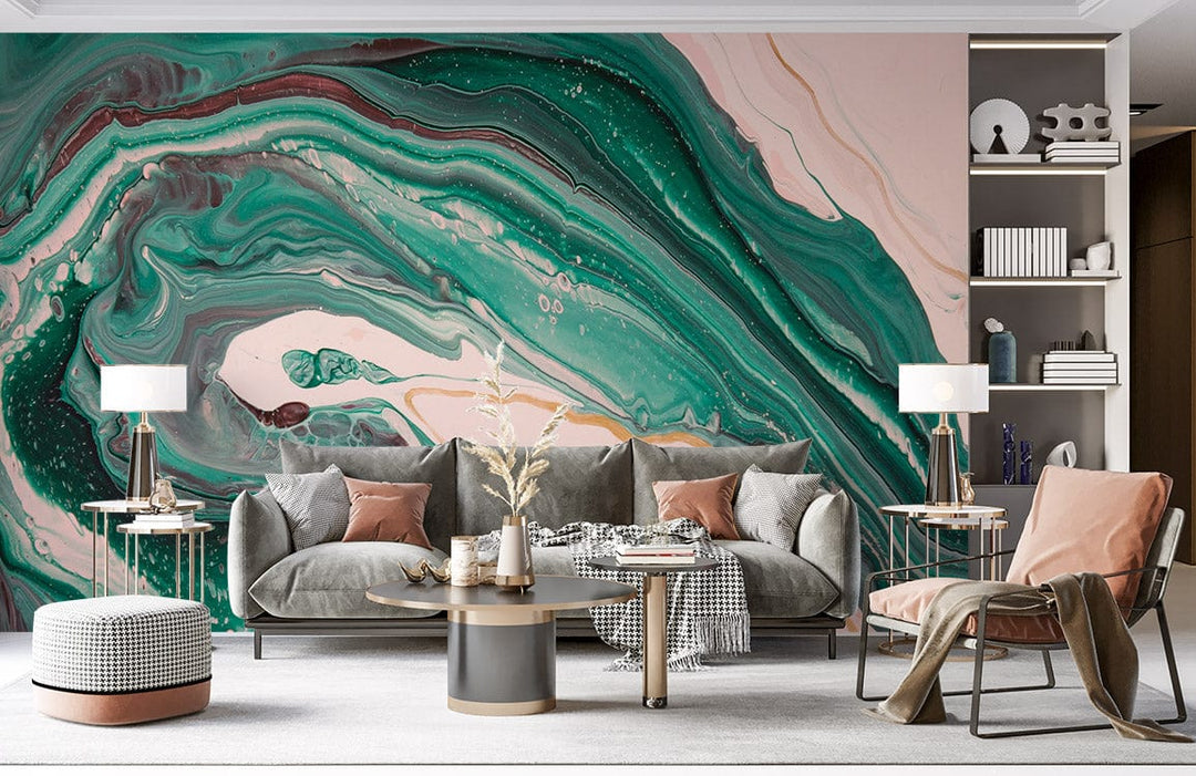 Emerald Marble Swirl Mural Wallpaper in elegant living room with grey sofa, artistic decor, contemporary style.