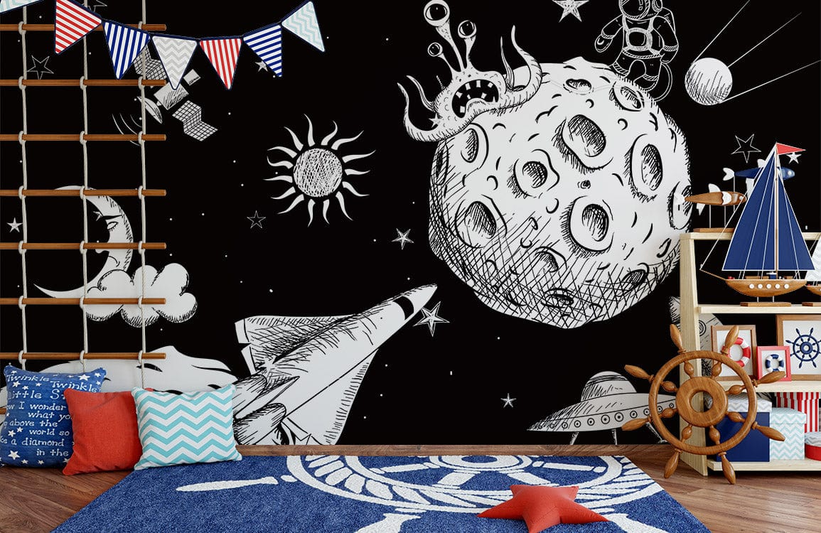 Black and White Cosmic Adventure Kids' Space Mural Wallpaper with navy rug, nautical-themed decor, wooden floor.