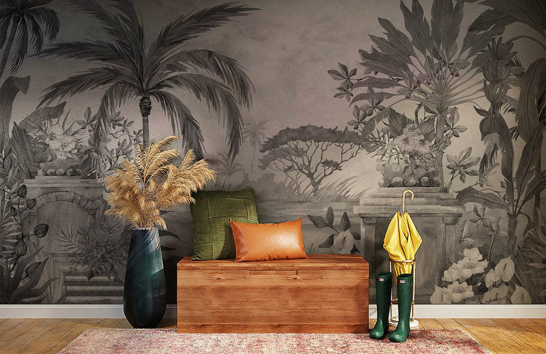 Tropical Paradise Mural Wallpaper in black and white, wood bench, green vase, hallway setting.