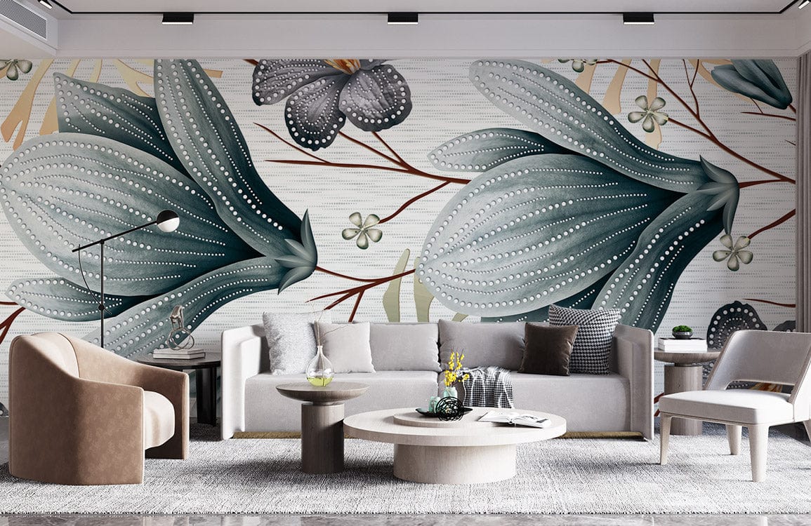 Botanical Elegance wallpaper features tropical floral pattern, grey sofa, modern Décor, and plush armchairs.