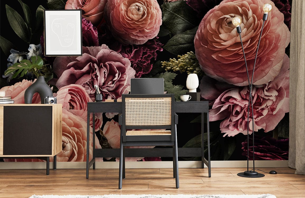 Elegant dark floral wallpaper with pink burgundy blossoms. Black desk, natural wood flooring, office decor.
