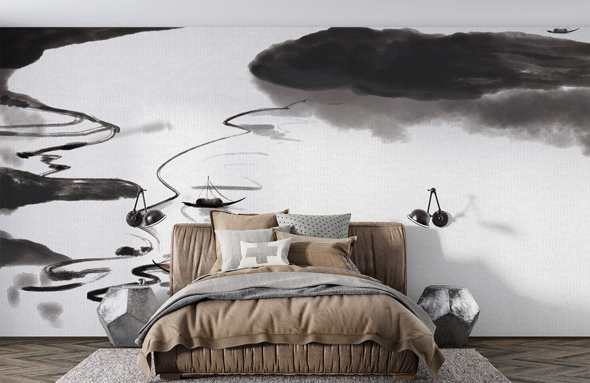 Monochrome river mural wallpaper with beige bed, grey geometric side tables, and wooden flooring in bedroom.