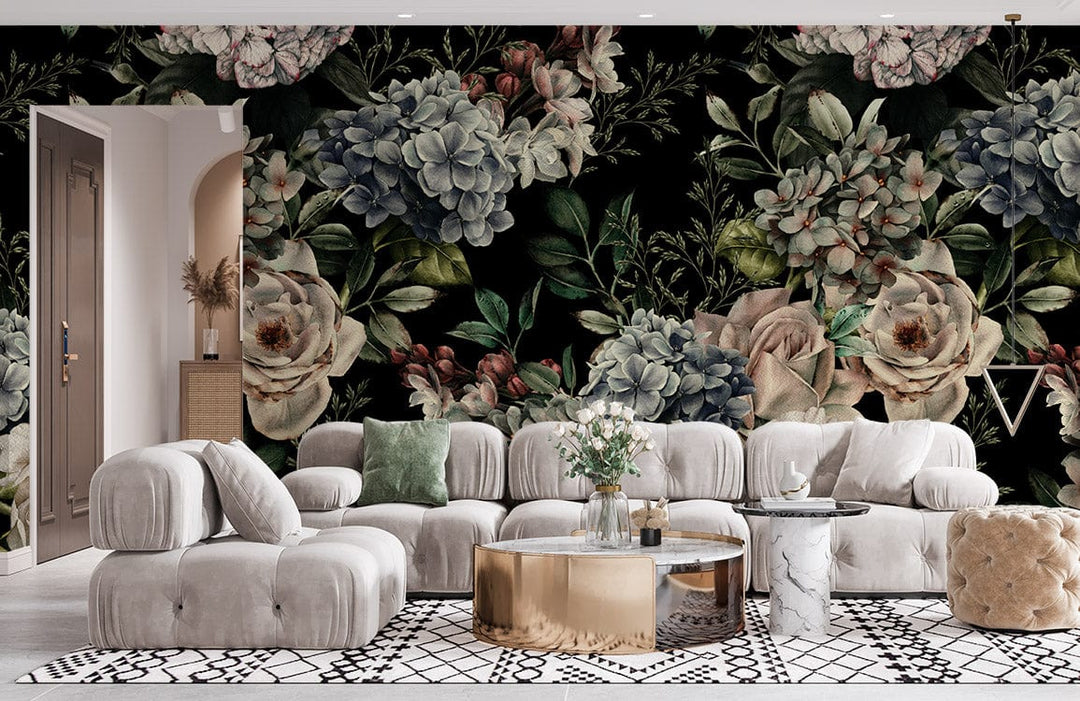 Luxurious living room with vintage floral wallpaper, dark botanical design, plush grey sofa, modern decor.