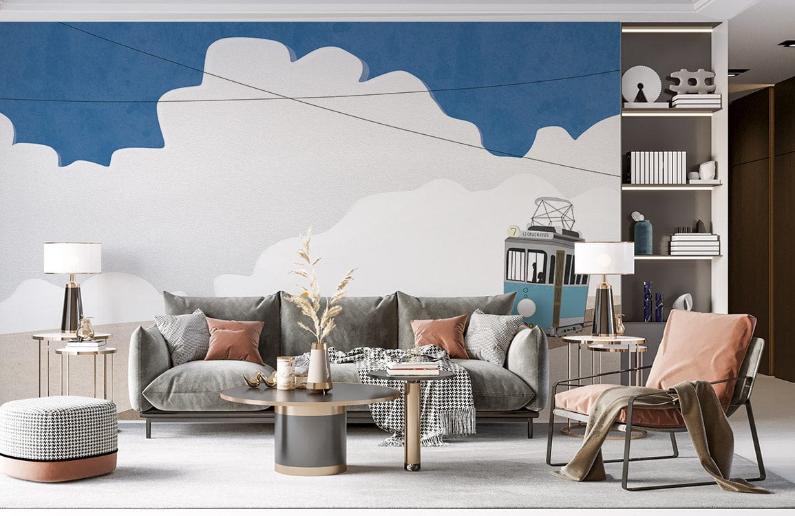 Vintage Tram Journey mural wallpaper in blue and beige, grey sofa, modern living room Décor.