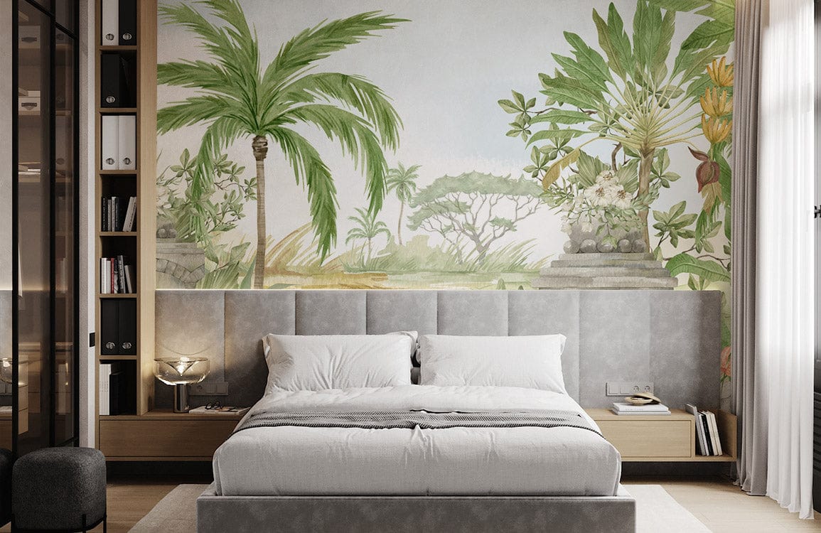 watercolor forest leaves wall mural