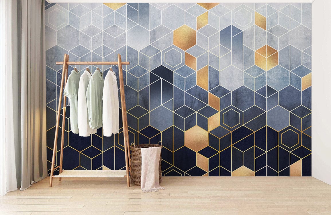 Geometric Blue and Gold Modern Style Mural Wallpaper for Sophisticated ...