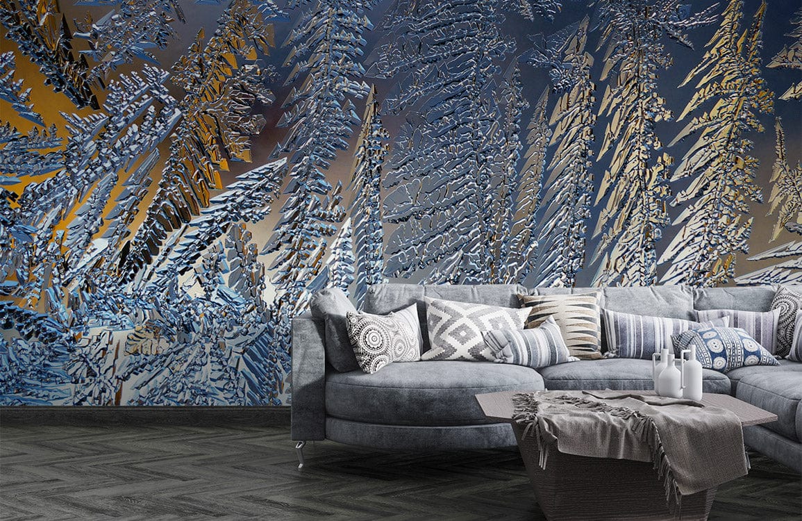 Abstract blue and silver wallpaper with winter forest pattern in living room, grey sofa, dark flooring.