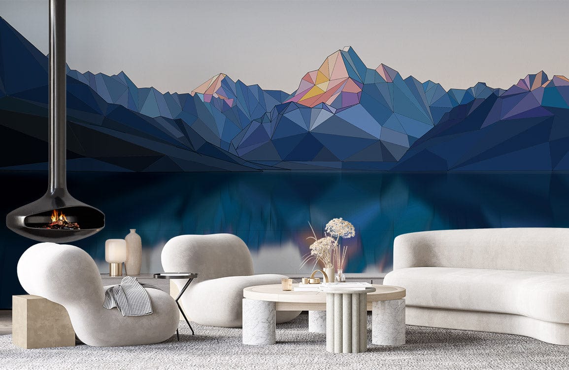 Geometric mountain mural wallpaper in tranquil blue tones, grey curved sofa, modern lounge, grey carpet.