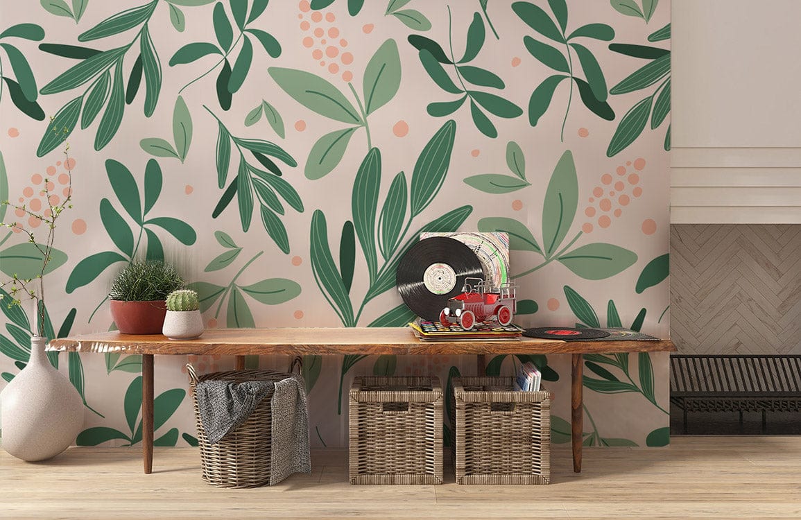 Organic green leaf wallpaper in living room with wooden table, natural baskets, and light wooden flooring.