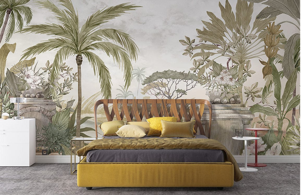 Tropical Watercolour Mural Wallpaper in bedroom with yellow sofa bed, grey carpet, white drawers and table.