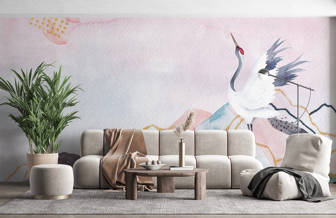 Elegant Crane Watercolour Mural: Japanese Style in pastel tones, modern beige sofa, grey rug, plants.