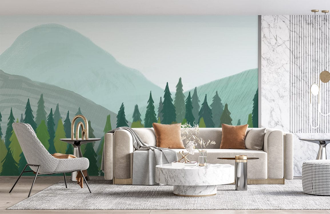 Tranquil Evergreen Forest Landscape Mural Wallpaper in Soothing Green Tones