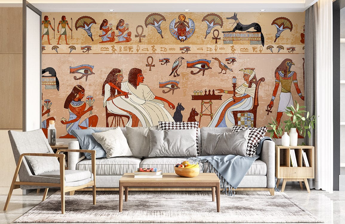 Ancient Egyptian Mural Wallpaper, elegant lounge setting, grey sofa, wooden furniture, vibrant hieroglyphs pattern.