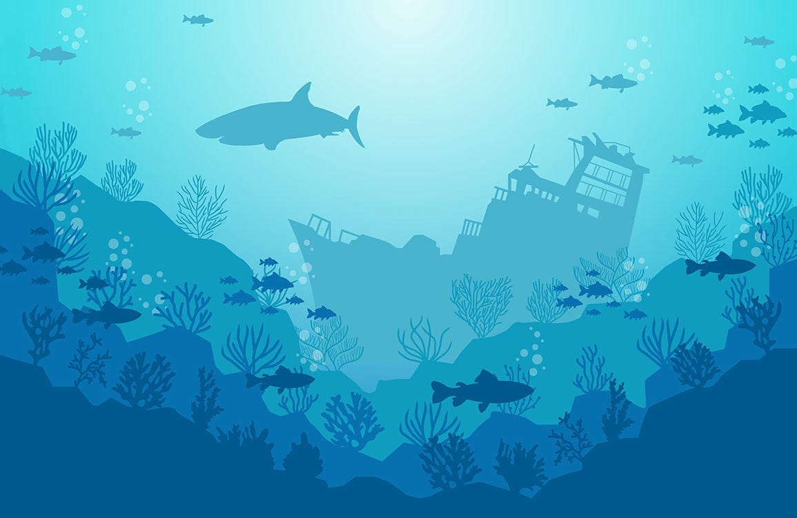 Underwater Ocean Adventure Mural Wallpaper - Blue Marine Shipwreck Design
