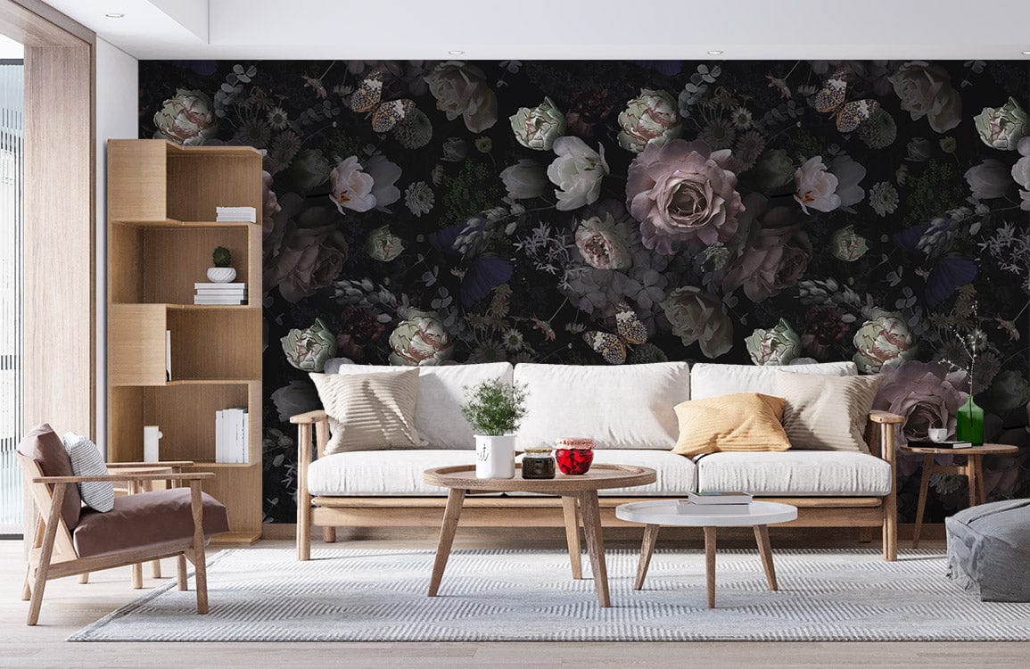 Vintage floral wallpaper with pink roses, beige sofa, wooden shelves, modern living room decor.