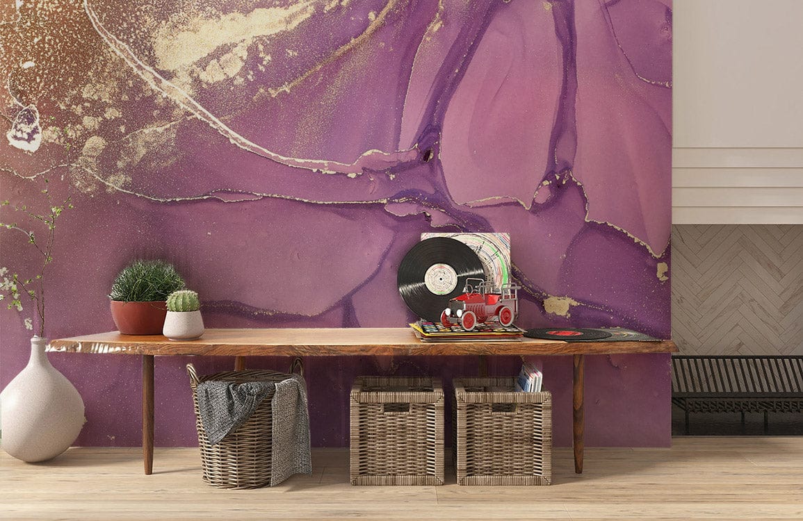 Elegant Lavender and Gold Marble Mural Wallpaper in Living Room, Wooden Bench, Vinyl Record, Chic Decor