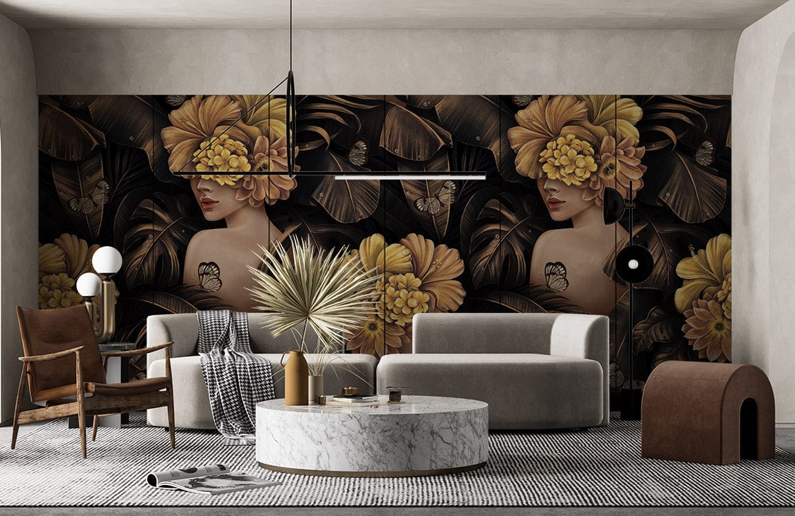 Vintage botanical mural wallpaper with floral butterfly design, elegant sofas, marble table, modern living room.
