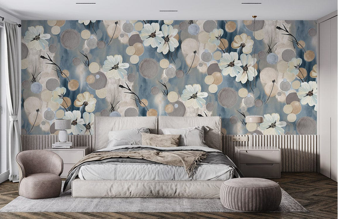 Elegant soft blue and beige floral geometric wallpaper in bedroom with beige bed, cream chair, wooden flooring.