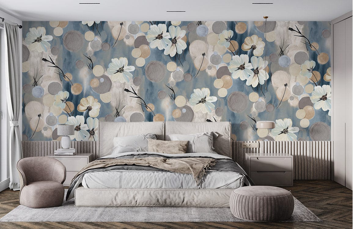 Elegant soft blue and beige floral geometric wallpaper in bedroom with beige bed, cream chair, wooden flooring.