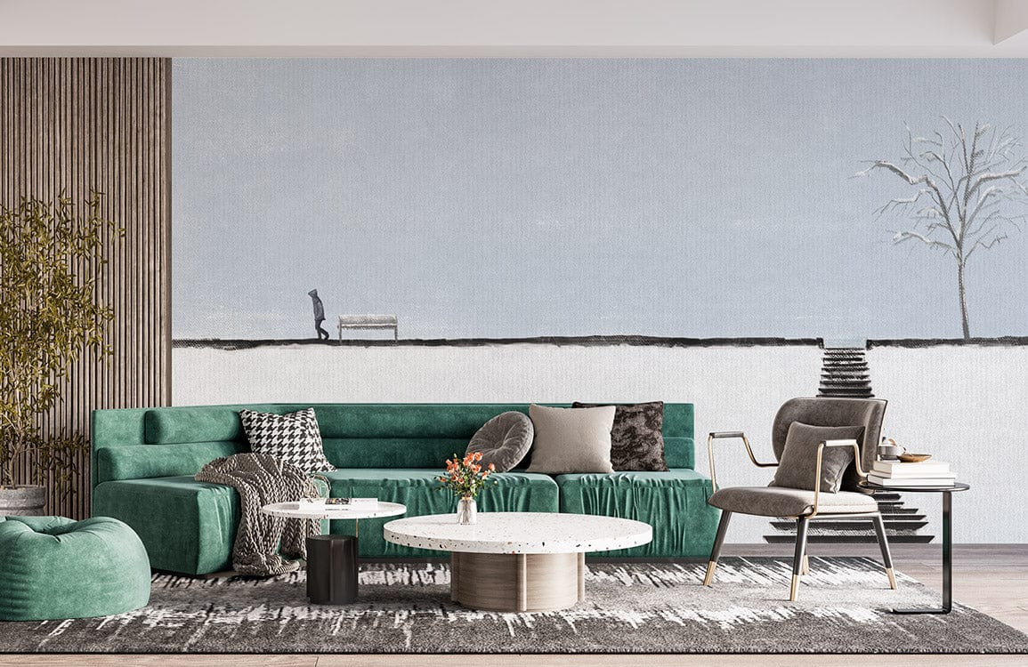 Green sofa, grey rug, Minimalist Winter Landscape Mural Wallpaper in living room, wooden accent wall.