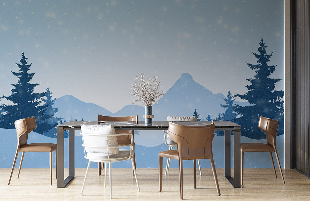 Dining room with Tranquil Winter Wonderland mural wallpaper, serene blue tones, wooden flooring, modern chairs.