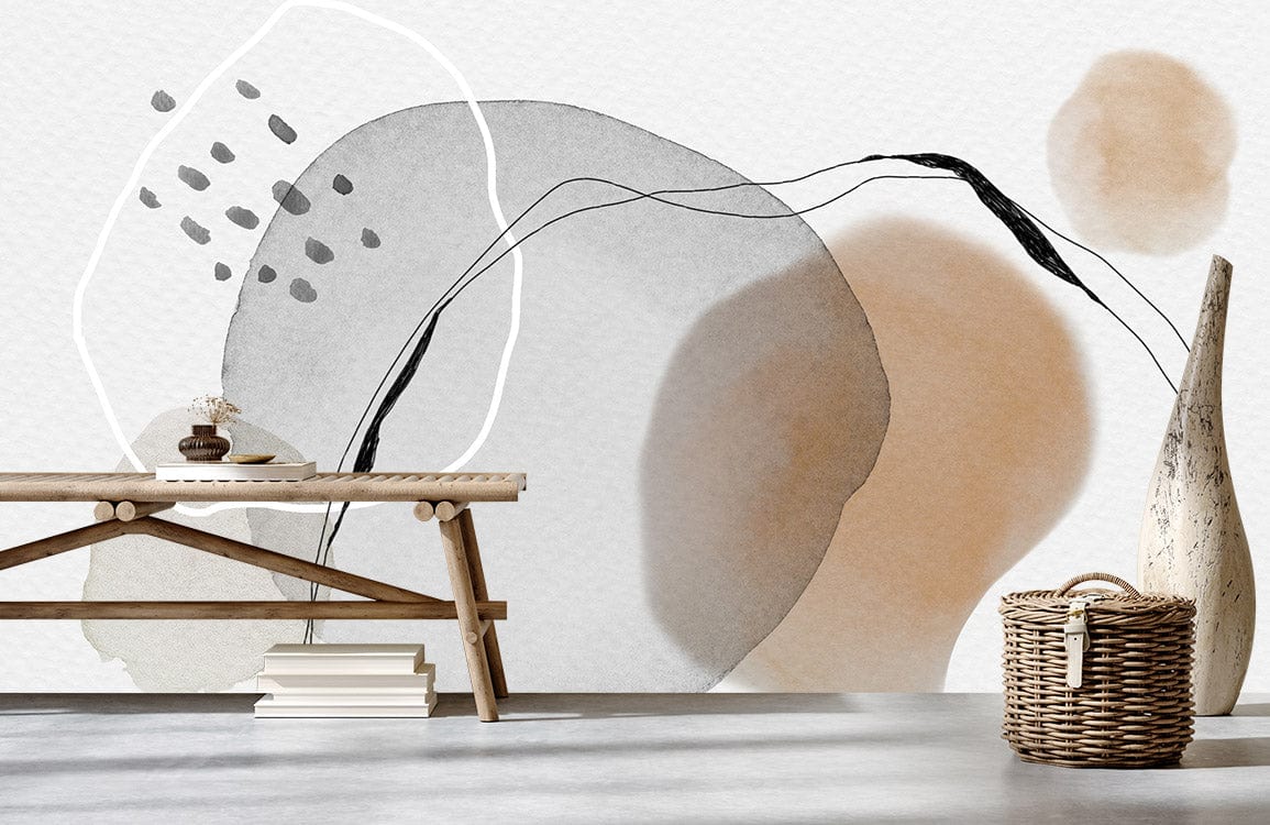 Abstract watercolour mural wallpaper in neutral tones, modern interior with wooden bench, wicker basket.