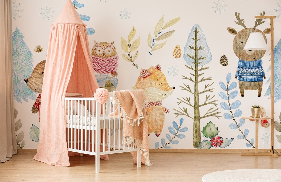 Whimsical woodland creatures wallpaper in nursery with white crib, pink canopy, light wood flooring.