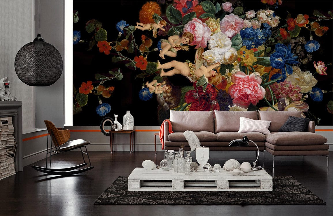 Luxurious black floral mural wallpaper with cherubs, modern sofa, dark wooden flooring, and elegant decor.