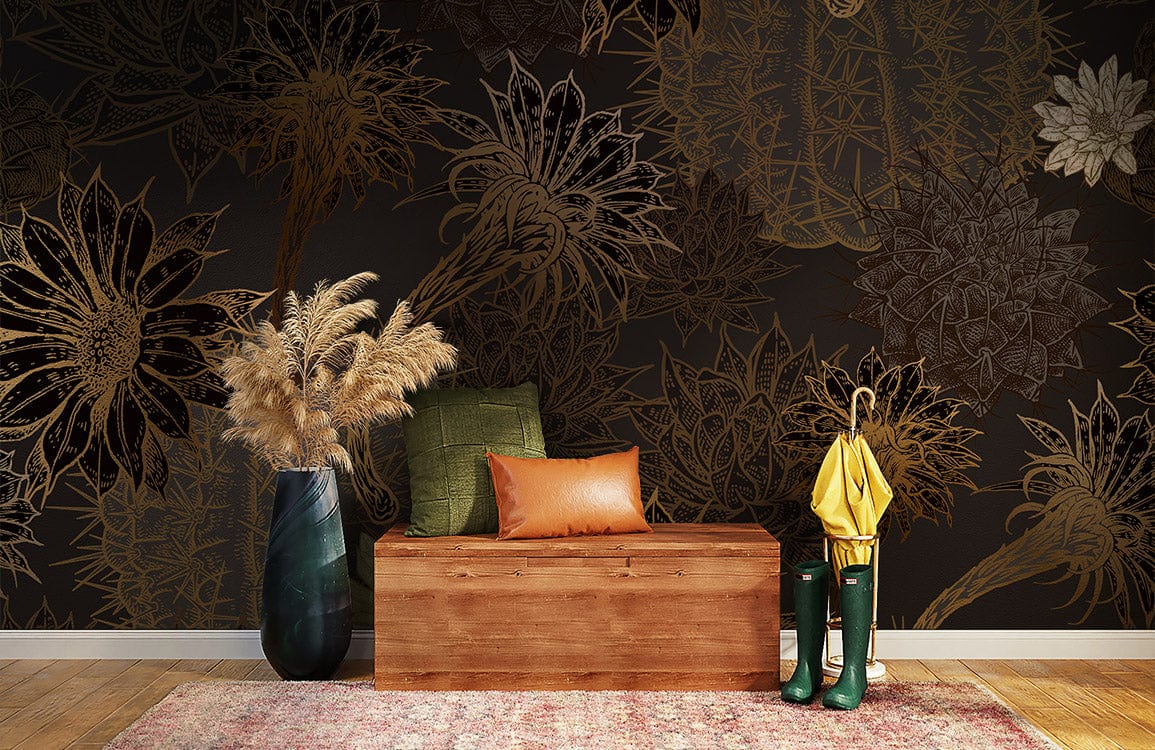 Luxurious floral wallpaper with wooden bench, green boots, and rug. Botanical pattern in modern interior.