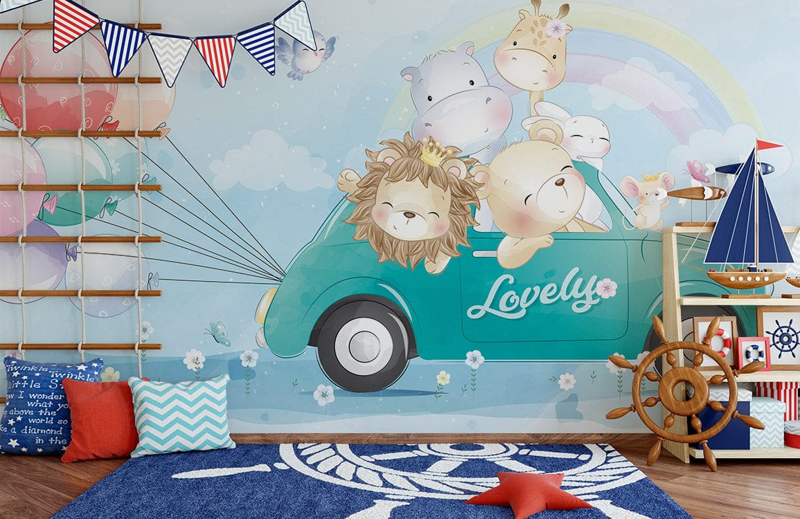 Whimsical Safari wallpaper mural in kid's room with blue rug, boat decor, and wooden flooring.