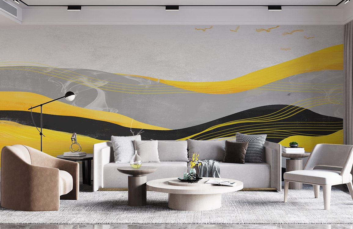 Contemporary yellow and grey abstract waves mural wallpaper in stylish living room with modern grey sofa.