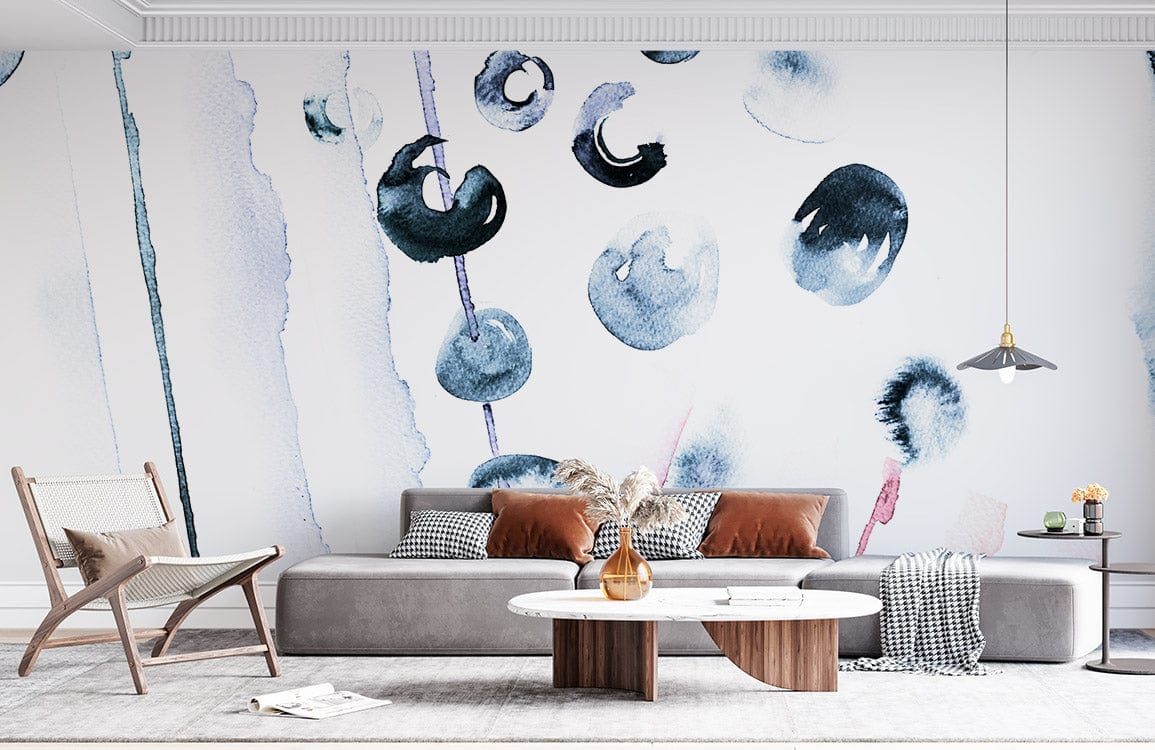 Abstract Monochrome Watercolour Bubbles Mural Wallpaper in modern living room with grey sofa, artistic design.
