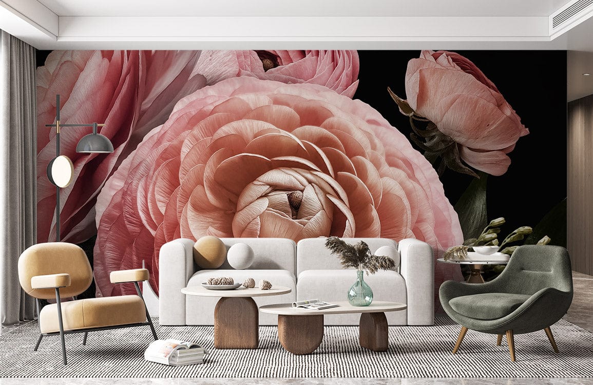 Elegant pink floral bloom wallpaper with modern furniture; beige sofa, grey chairs; living room setting.