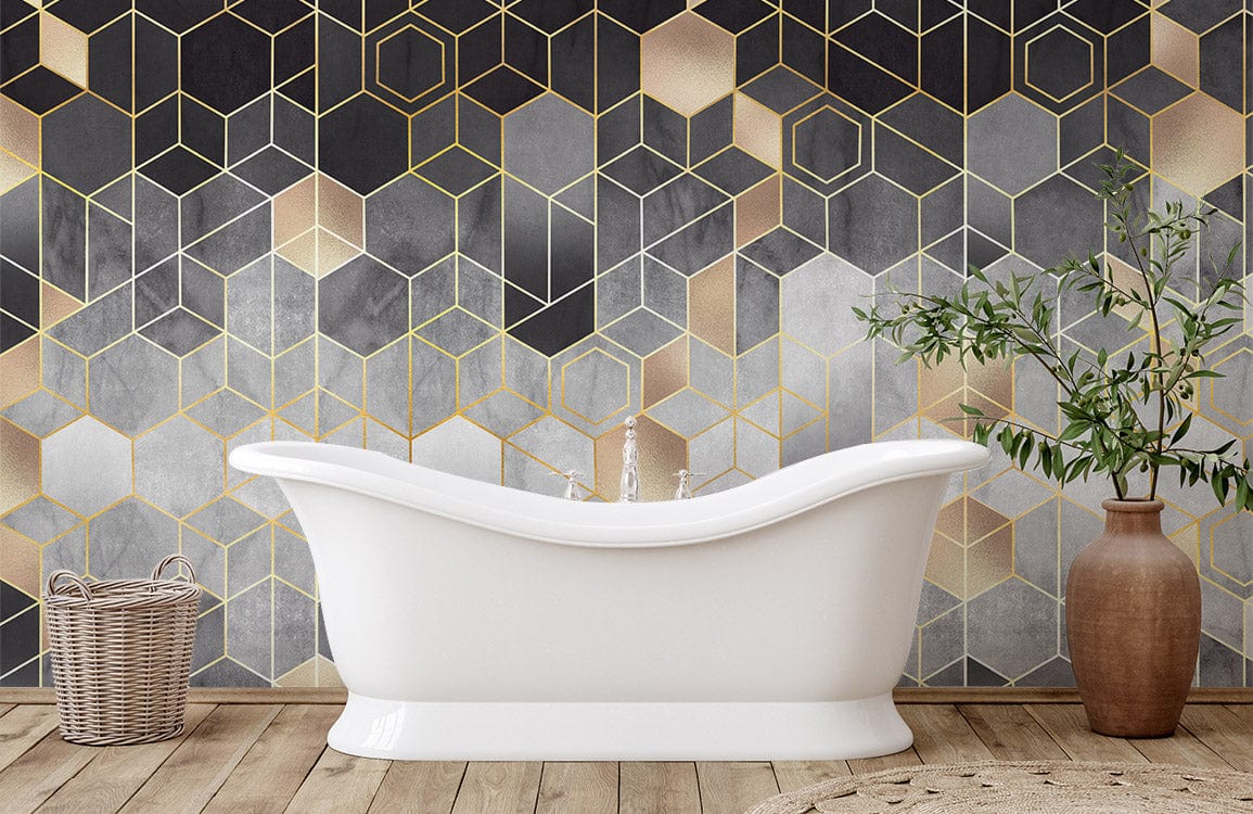 Elegant hexagonal wallpaper, featuring a white freestanding bathtub and wood flooring.