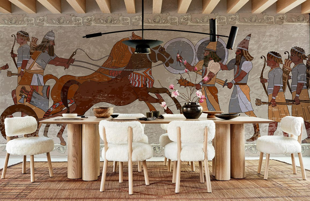 Ancient Warrior Mural Wallpaper in dining room with wooden table, white chairs, and woven rug.