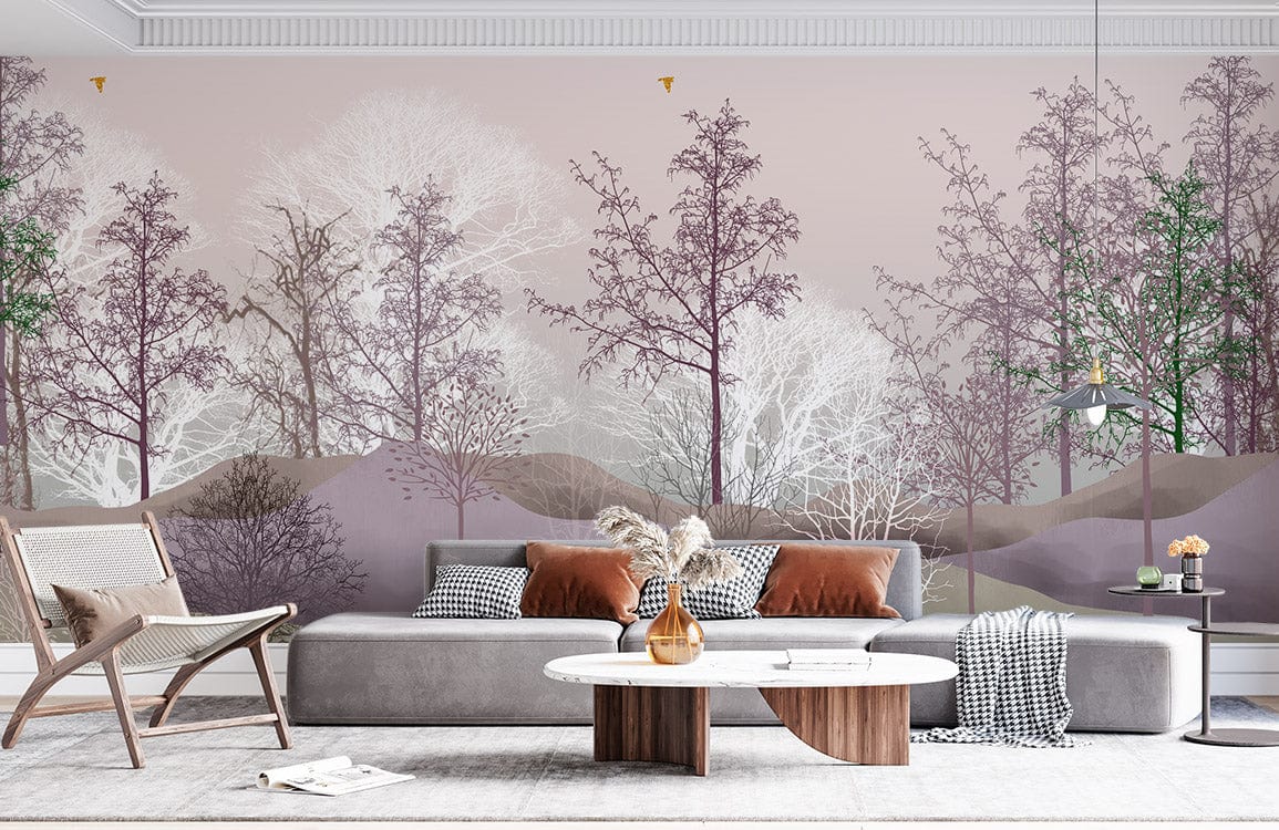 misty forest living room feature wallpaper
