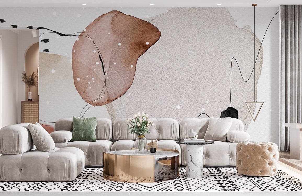 Modern lounge with abstract watercolour circles wallpaper, earthy tones; plush sofa, patterned rug, gold table.