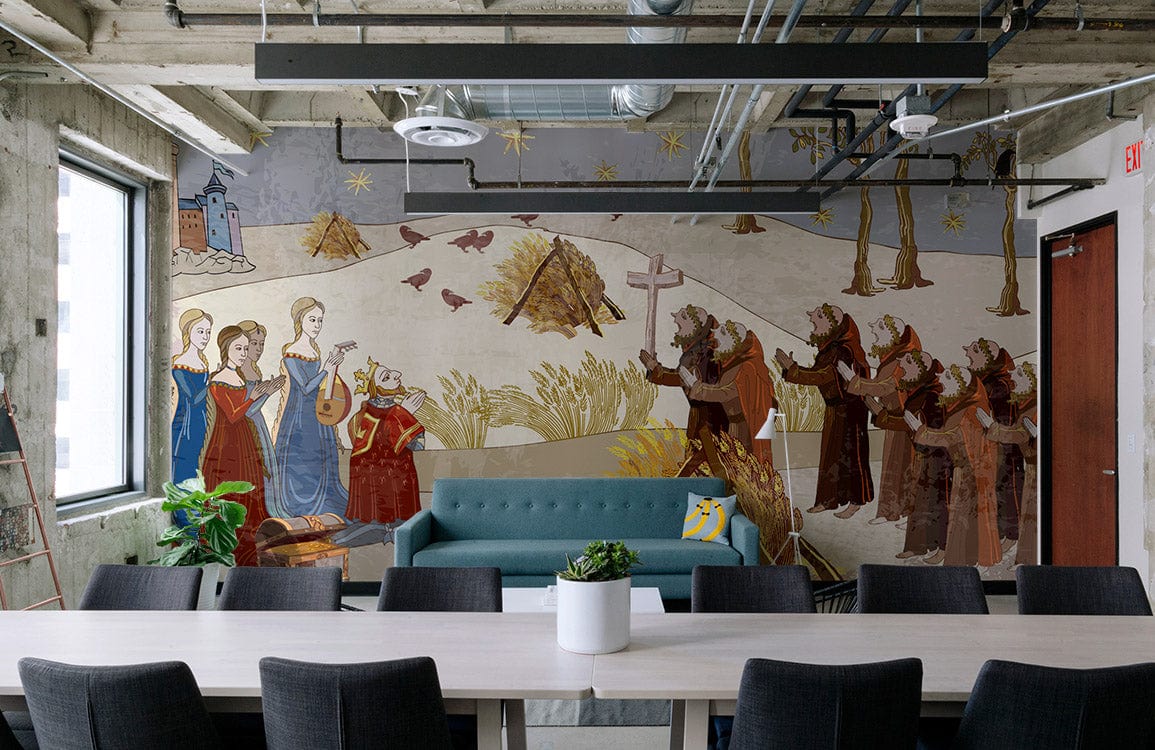 Medieval Tapestry Scenic Mural Wallpaper earth tones, blue sofa, grey industrial room, wooden table, chairs.