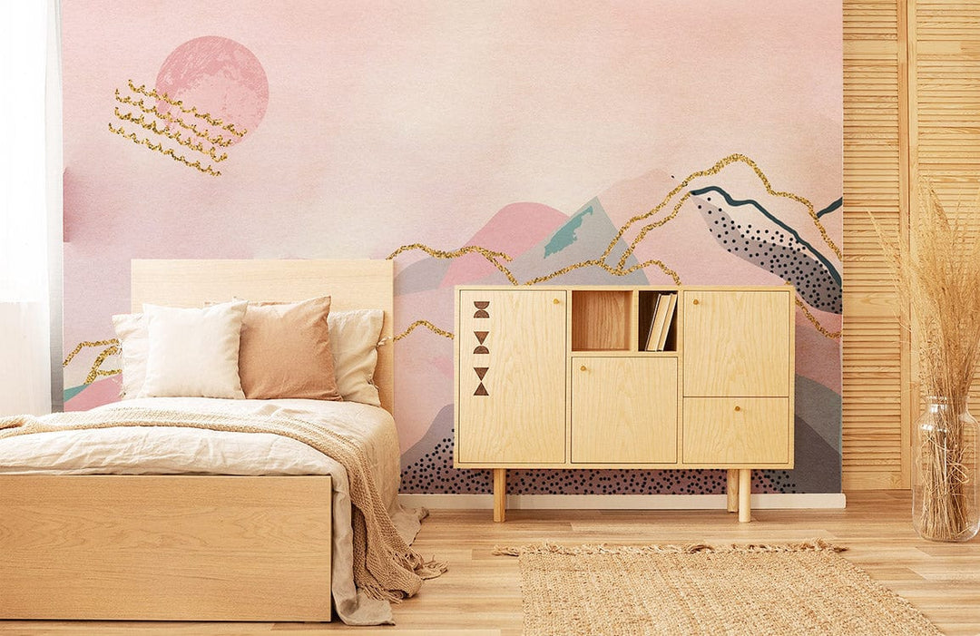 Dreamy Pastel Abstract Mountain Landscape Mural Wallpaper in bedroom, wooden furniture, beige bedding, woven rug.