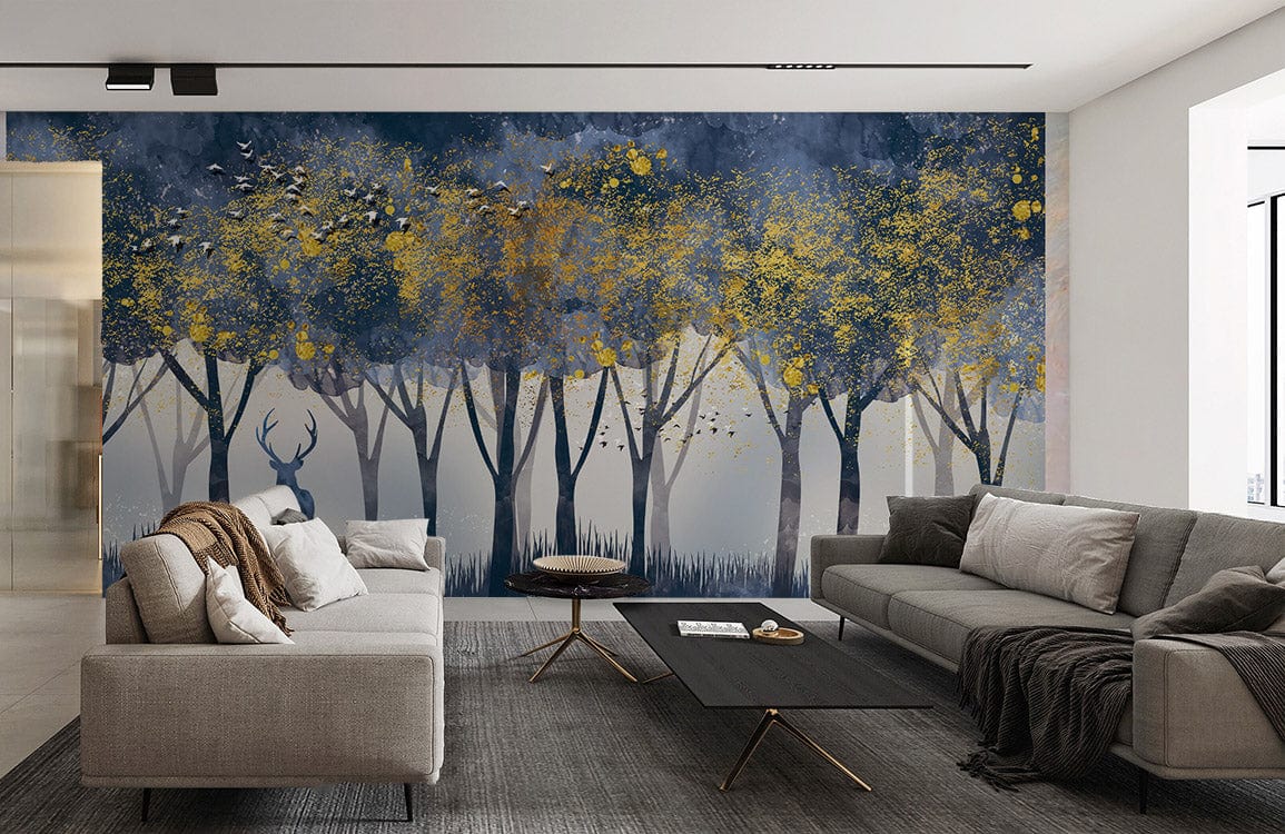Living room with Elegant Silhouette: Forest Deer Mural, grey sofas, modern coffee table, and rug.