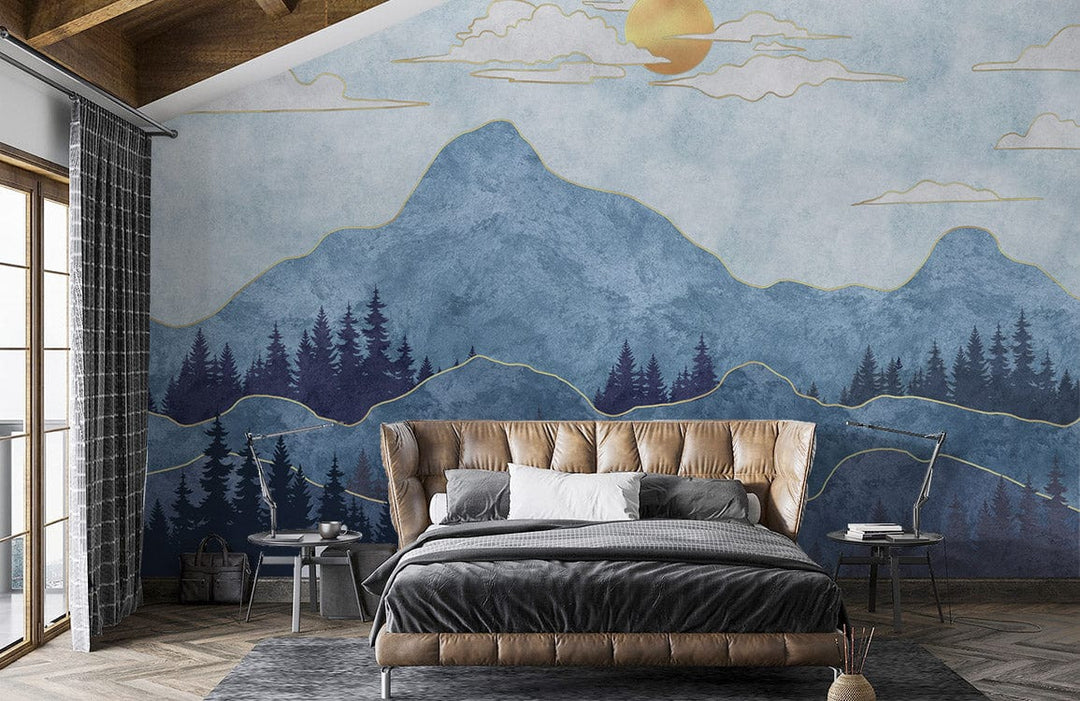 Tranquil Blue Mountain mural in bedroom with tufted bed, wooden flooring, and checkered curtains.