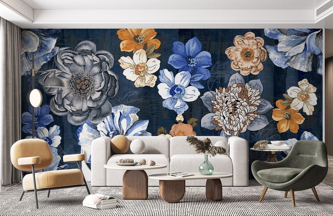 Vintage floral wallpaper with blue, orange blooms; beige sofa, modern lounge chairs, and striped rug.