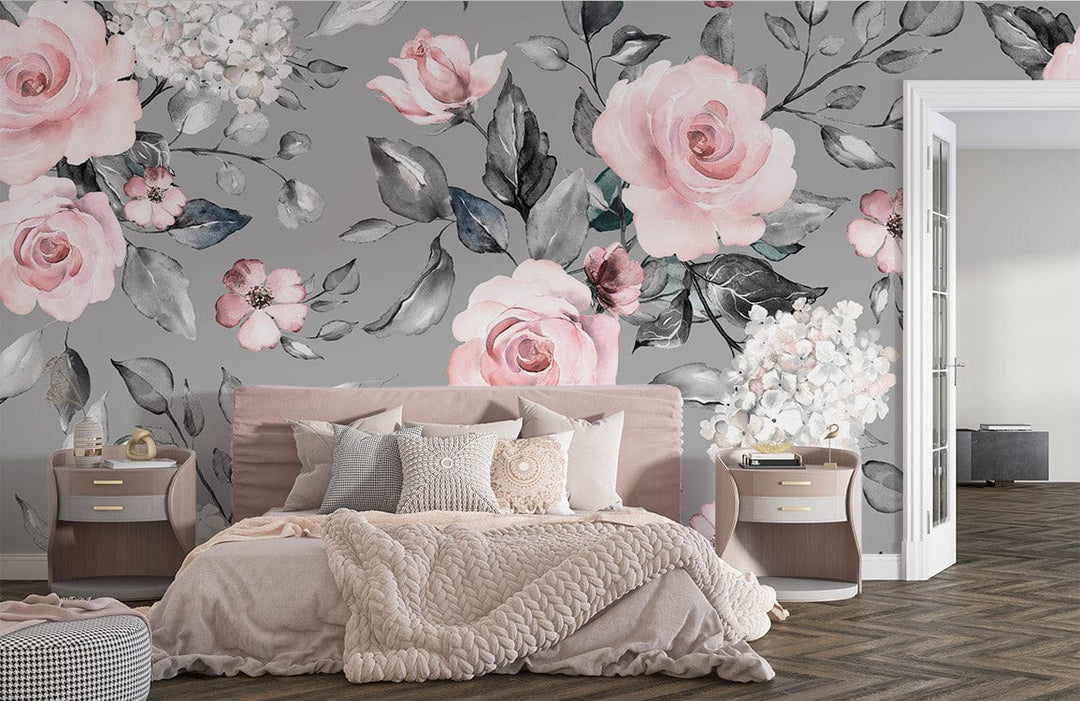 Elegant grey and pink floral wallpaper in bedroom, featuring watercolour botanical design, with chic decor.